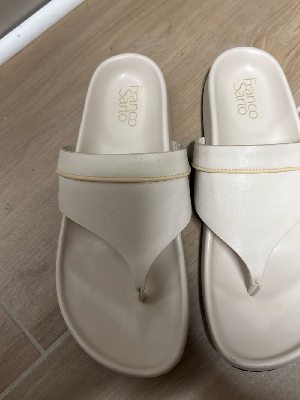 Franco Sarto Cream Thong Slide Sandals with Subtle Gold Accent